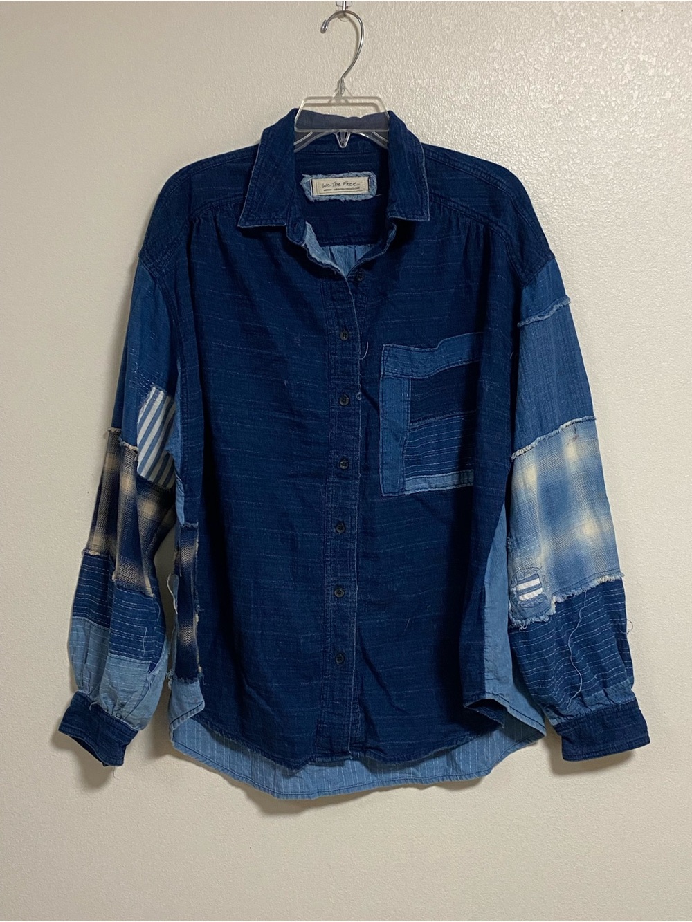 We The Free Indigo Sky Shirt Jacket Size Medium Blue Patchwork Shacket- FLAWS